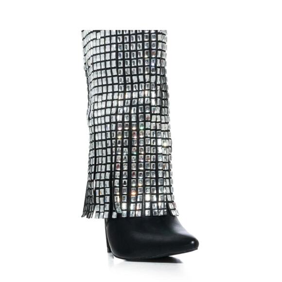 AZALEA WANG Spinner Embellished Rhinestone Mid Calf Boot Black NWB Size 8 - Picture 4 of 5